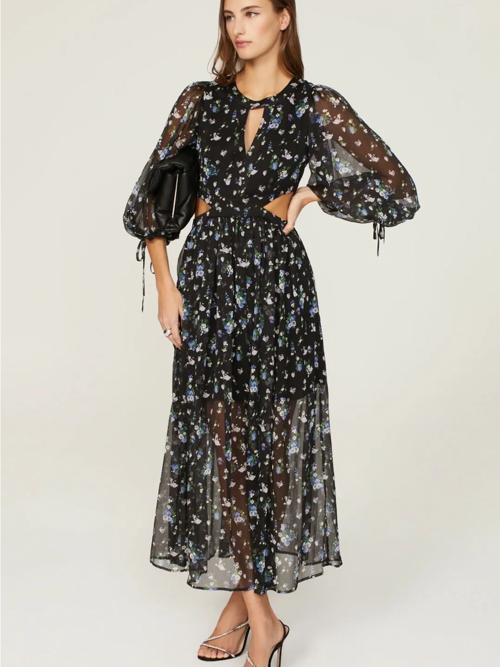 Maje Black Floral Sheer Maxi Dress with Blue & White Accents
